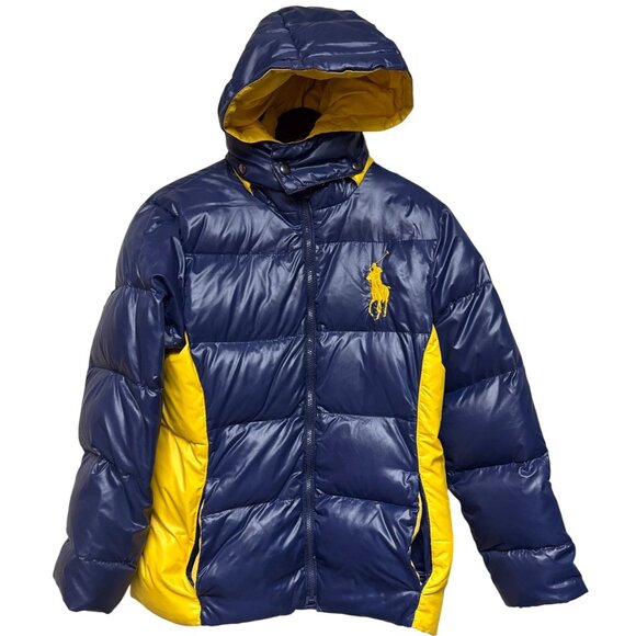 Polo Ralph Lauren Boy's Jacket Down Puffer Big Pony Blue Hood Large 14 16 Flaw - Picture 1 of 11